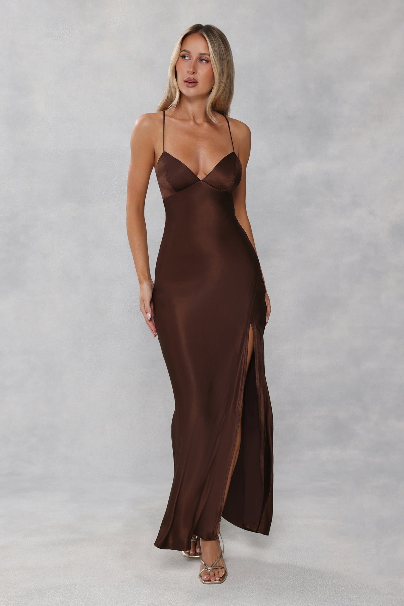 The Sophia Satin Maxi Dress Chocolate Brown