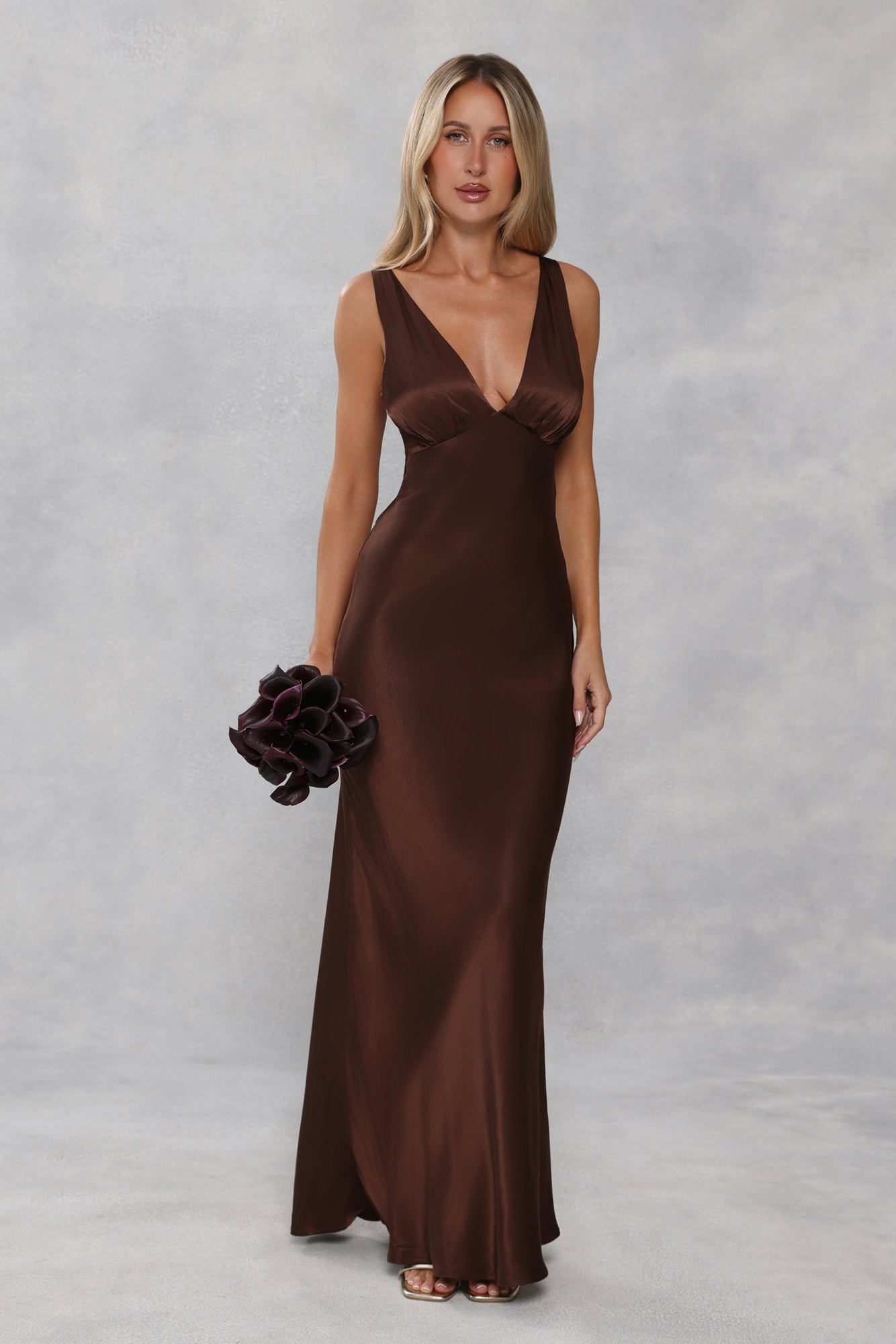 The Isabeau Satin Maxi Dress Chocolate Brown