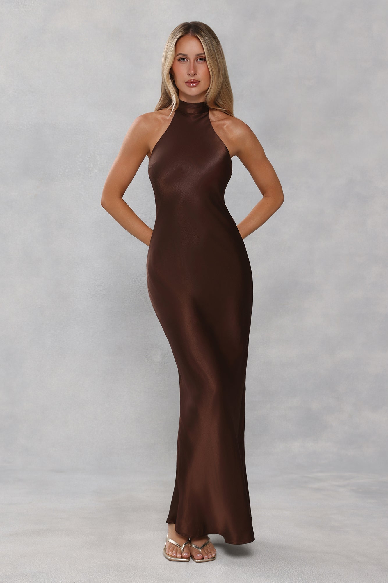 The Cleo Halter Satin Maxi Dress Chocolate Brown