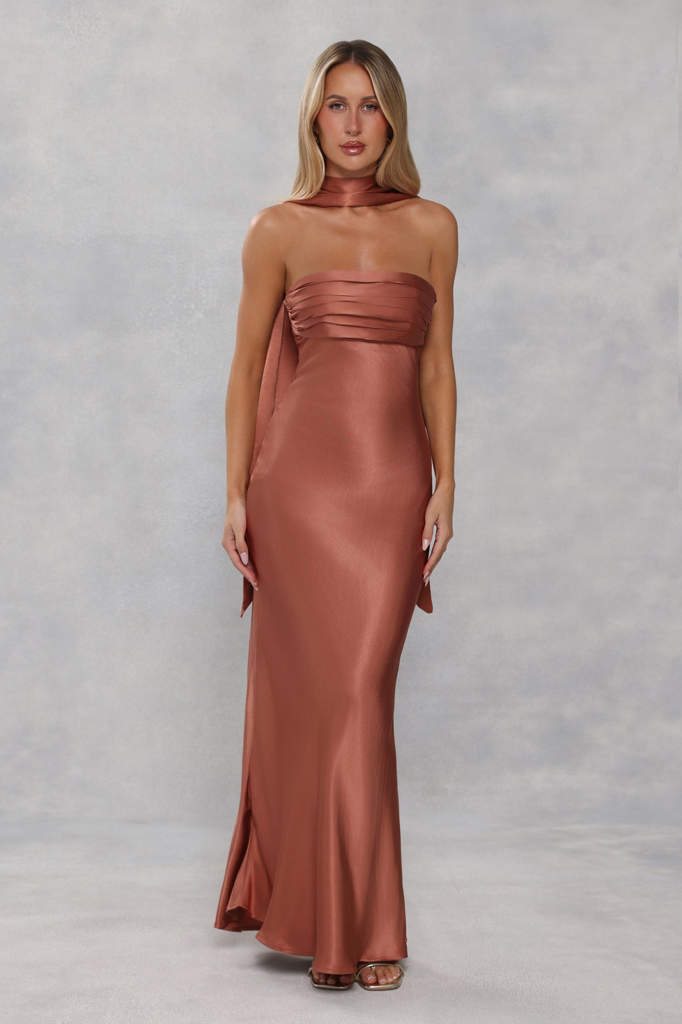 The Seraphina Strapless Satin Maxi Dress Bronze