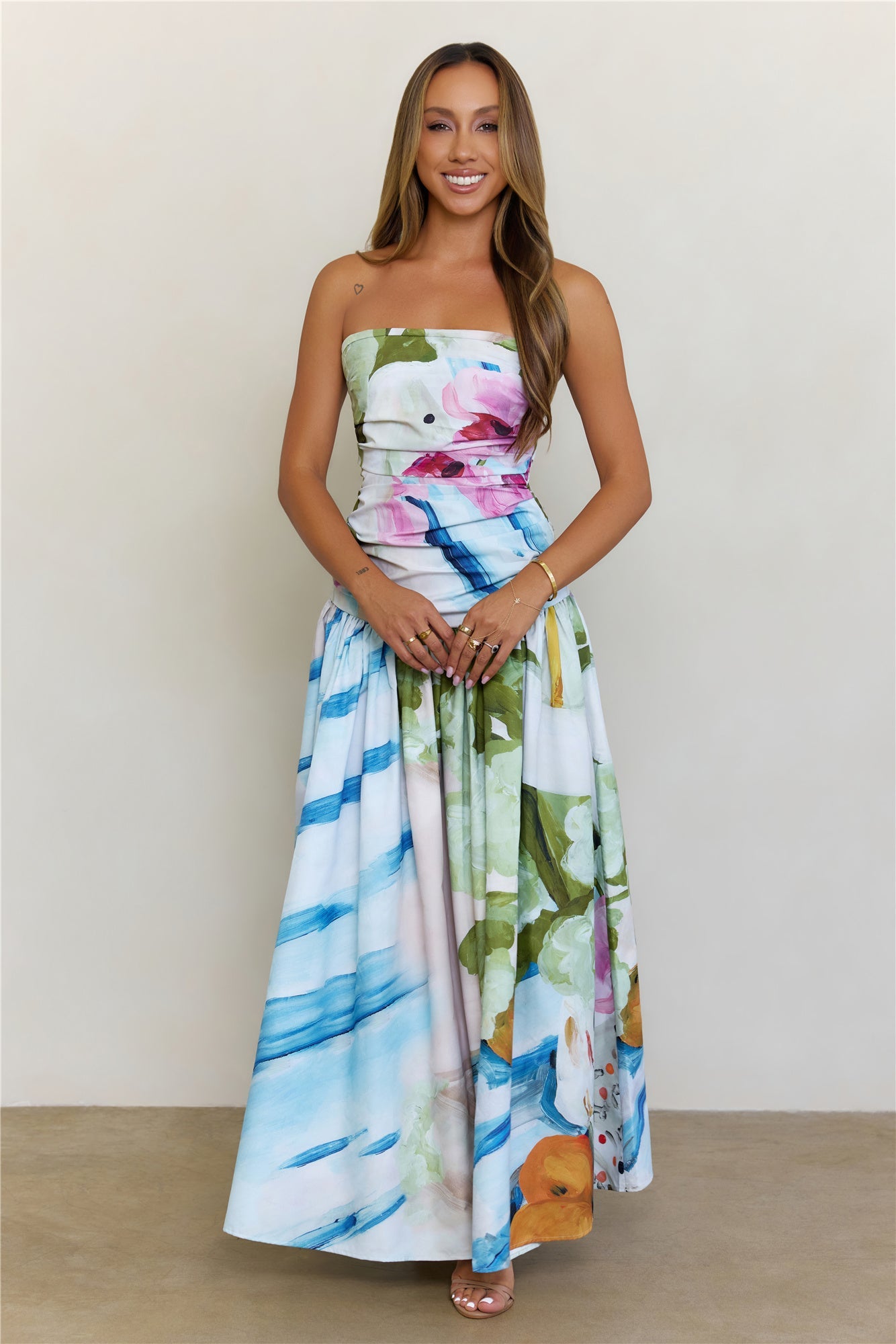 Radiant Garden Floral Strapless Drop Waist Maxi Dress Multi