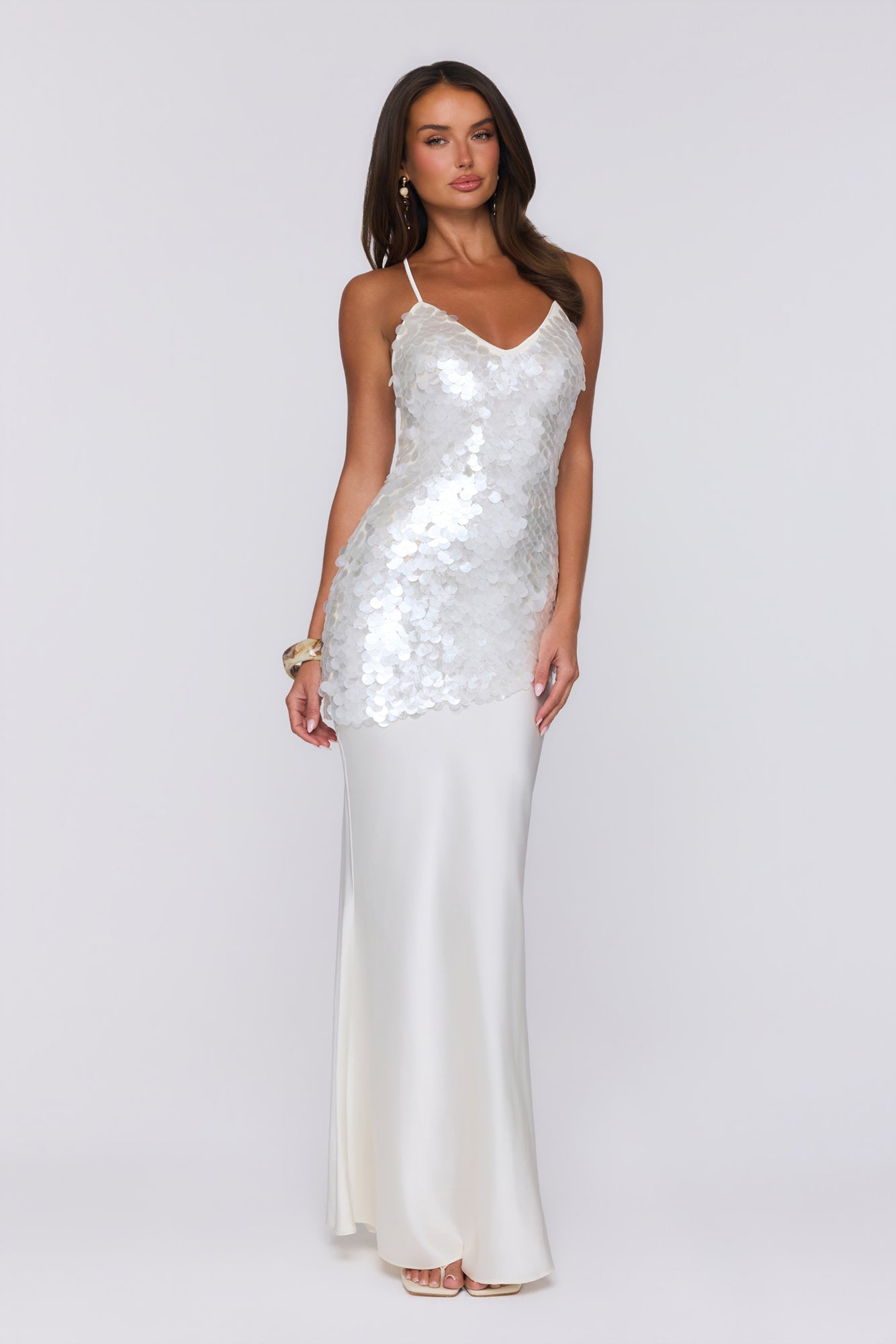 Shimmer Glow Sequin Maxi Dress Ecru White