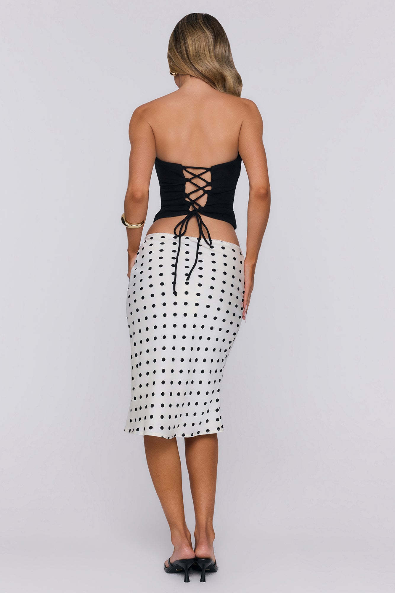 Set Trends Now Satin Polka Dot Midi Skirt Off White