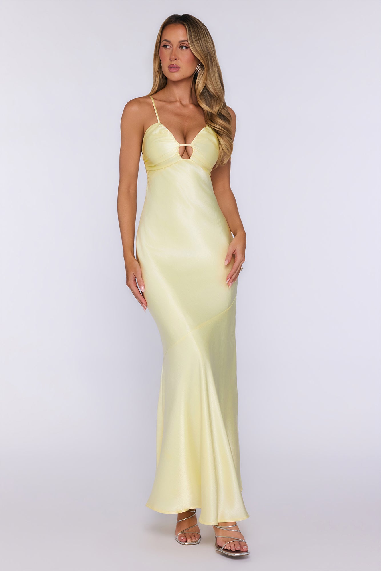 Polished Pretty Satin Cutout Maxi Dress Yellow