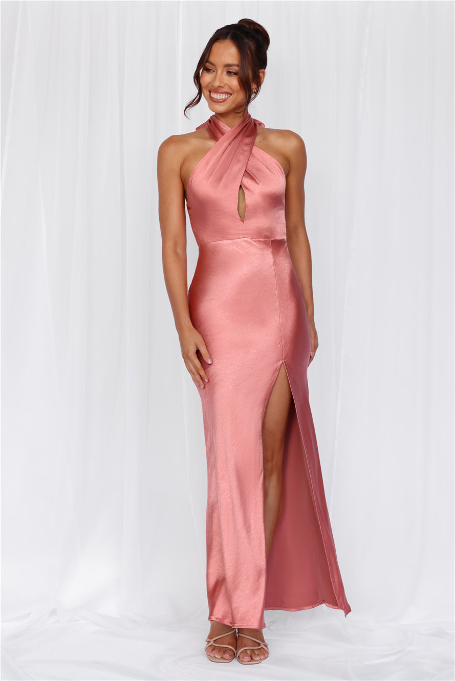The Adeline Halter Satin Maxi Dress Rose
