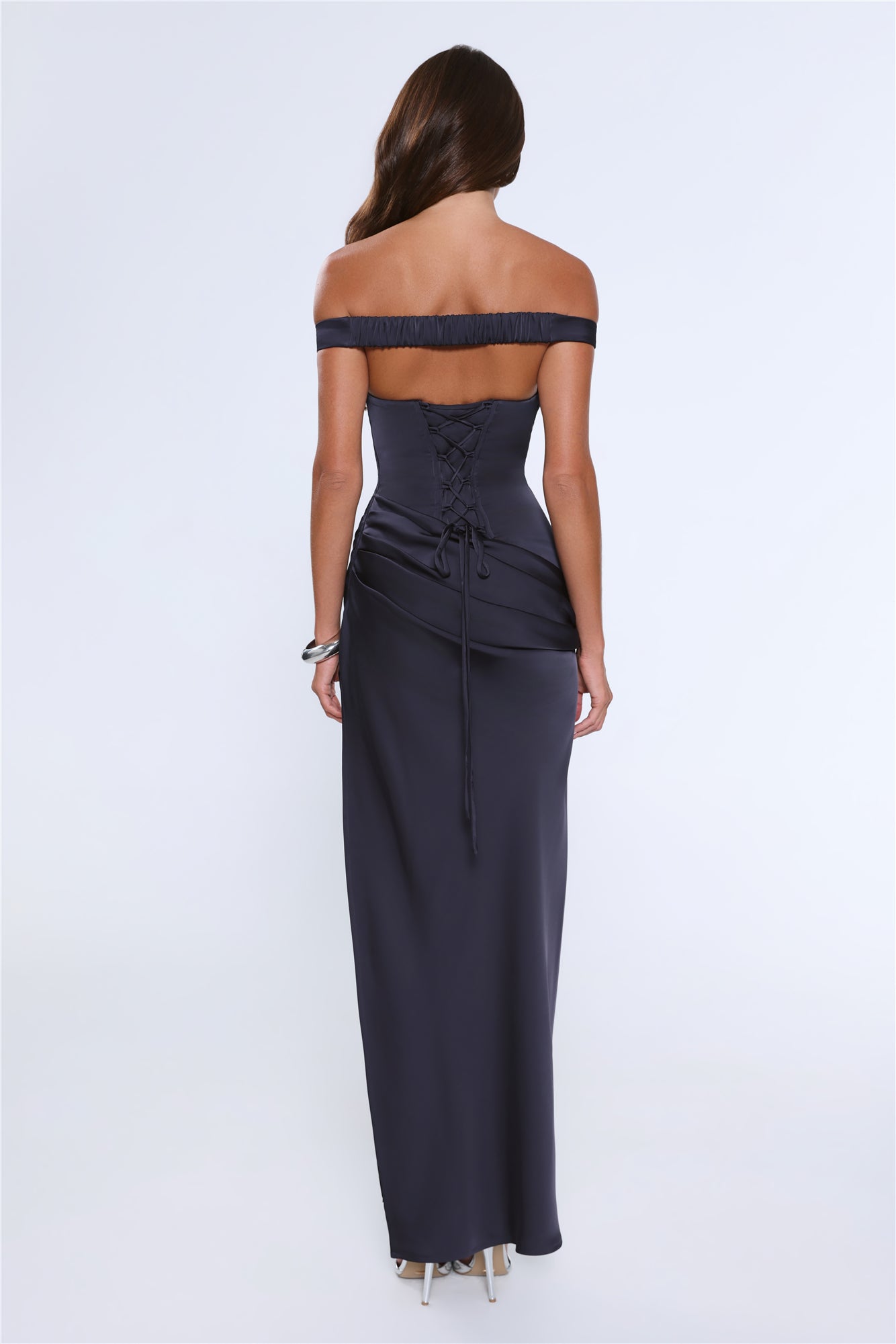 The After Party Off Shoulder Satin Maxi Dress Navy
