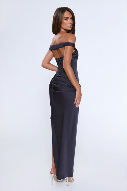 The After Party Off Shoulder Satin Maxi Dress Navy