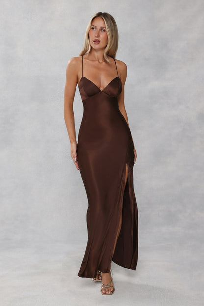 The Sophia Satin Maxi Dress Chocolate Brown