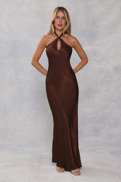 The Delilah Satin Halter Maxi Dress Chocolate Brown