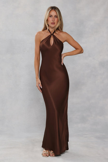 The Delilah Satin Halter Maxi Dress Chocolate Brown