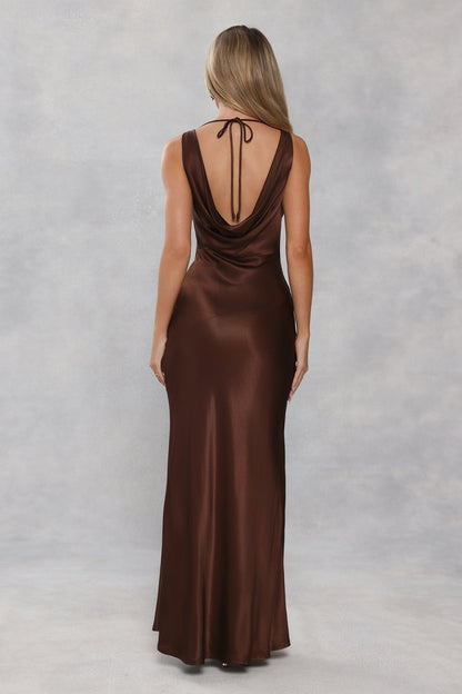 The Loretta Cowl Satin Maxi Dress Chocolate Brown