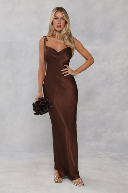 The Penelope Cowl Satin Maxi Dress Chocolate Brown