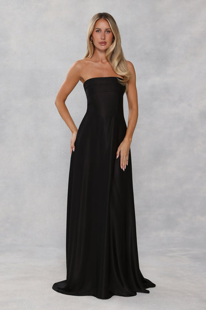 The Serina Strapless Satin Maxi Dress Black