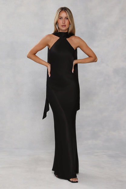 The Vivia Halter Satin Maxi Dress Black