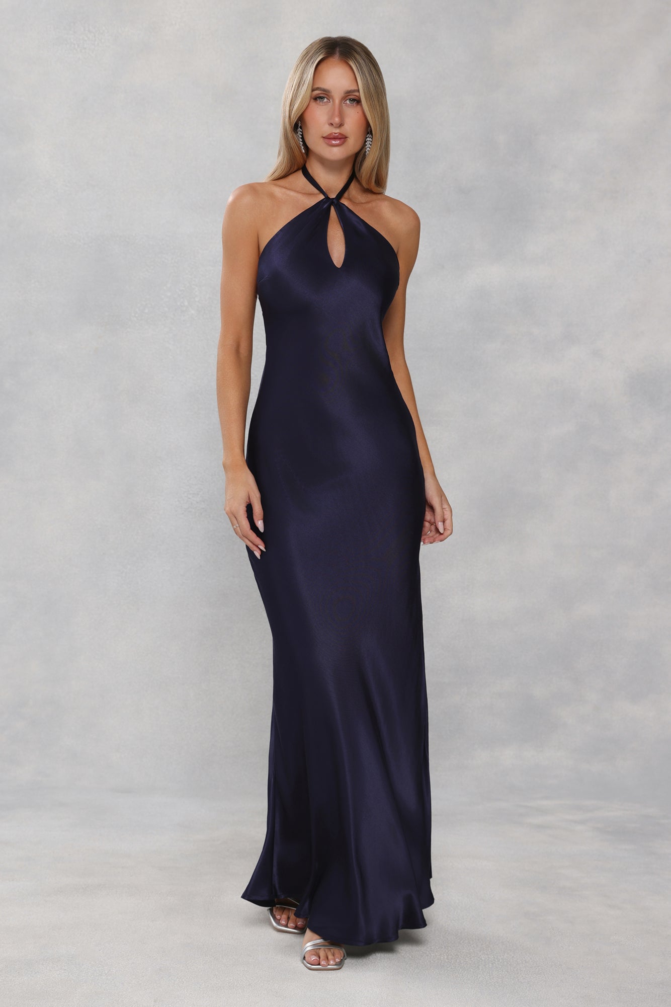 The Delilah Satin Halter Maxi Dress Navy