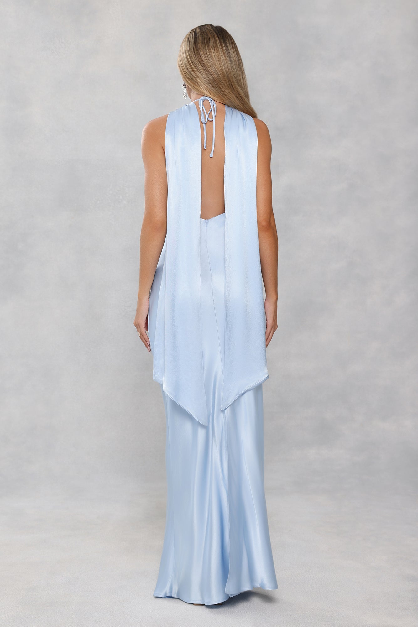 The Vivia Halter Satin Maxi Dress Light Blue
