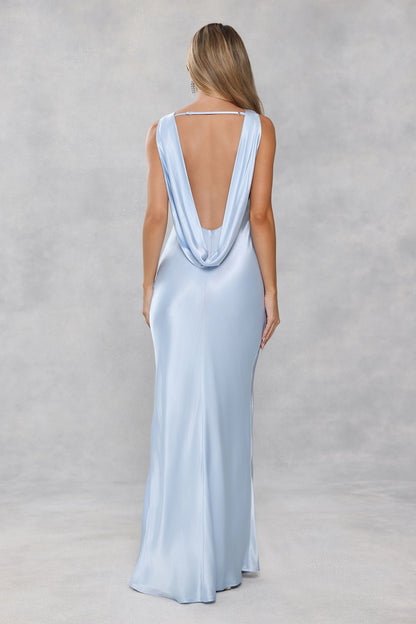 The Blaire Backless Satin Maxi Dress Light Blue