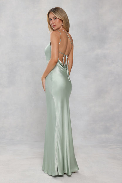 The Evangeline One Shoulder Satin Maxi Dress Sage Green