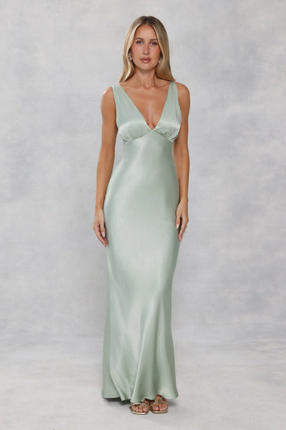 The Isabeau Satin Maxi Dress Sage Green