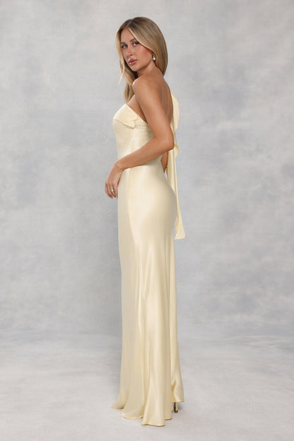 The Zafira One Shoulder Satin Maxi Dress Yellow