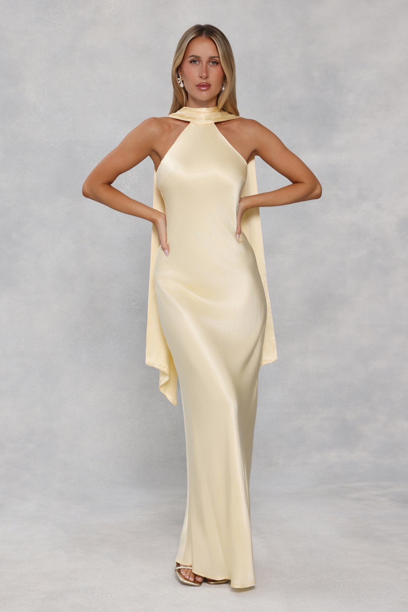 The Vivia Halter Satin Maxi Dress Yellow