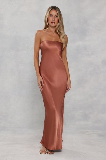 The Felicity Strapless Satin Maxi Dress Bronze