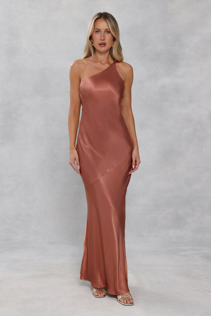 The Evangeline One Shoulder Satin Maxi Dress Bronze