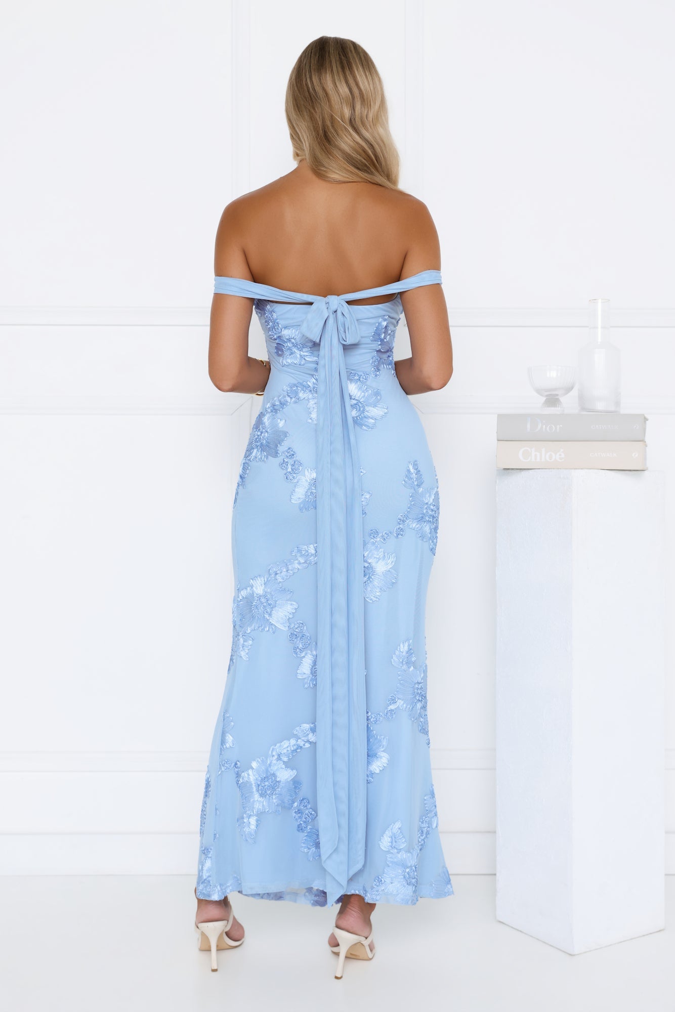 Lush Bloom Embroidered Off Shoulder Maxi Dress Blue