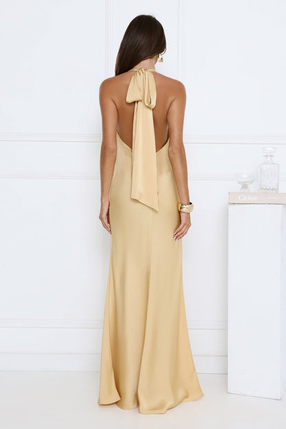 Glitz Gathering Halter Satin Maxi Dress Gold