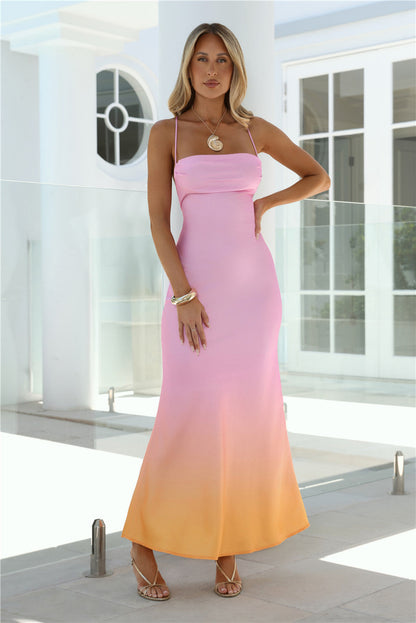 Amber Horizon Satin Maxi Dress Sunset