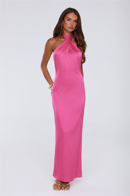 Outfit Energy Satin Halter Maxi Dress Pink