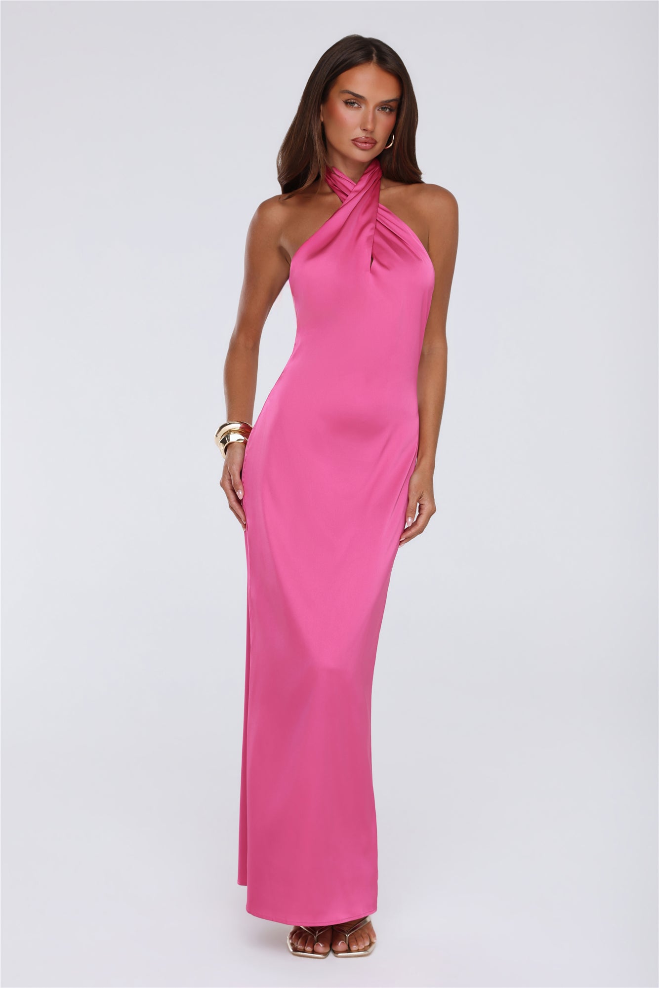 Outfit Energy Satin Halter Maxi Dress Pink