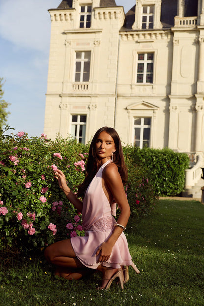 Lush Lovely Satin Embellished Halter Mini Dress Pink