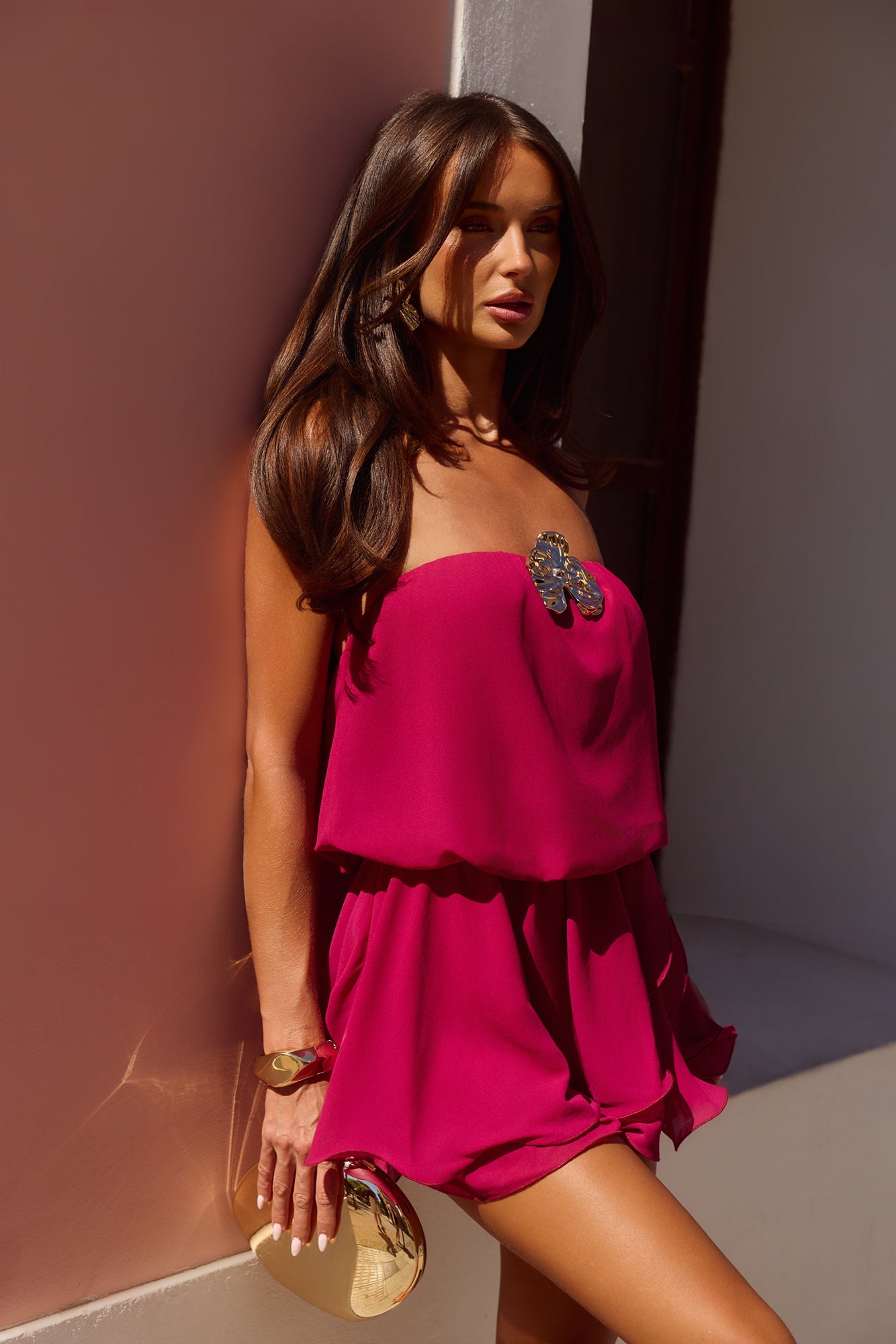 Ocean State Strapless Romper Magenta