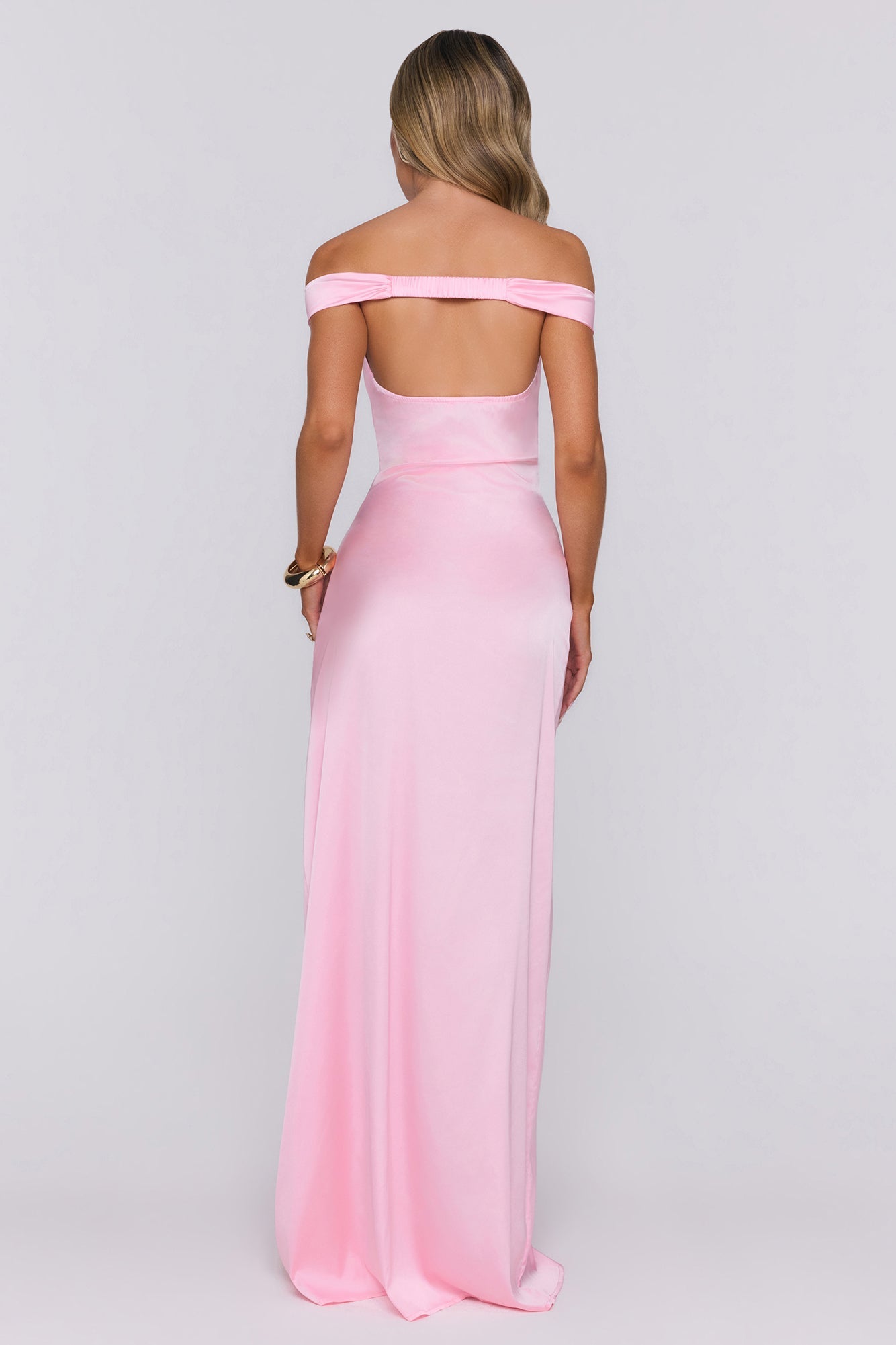 Spark Babe Off Shoulder Satin Maxi Dress Pink