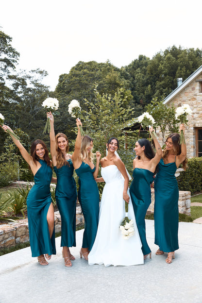 The Felicity Strapless Satin Maxi Dress Teal