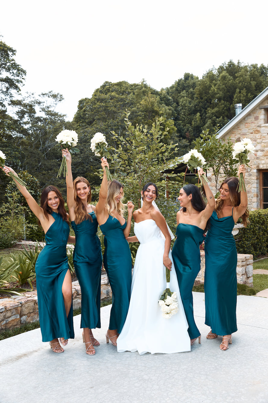 The Felicity Strapless Satin Maxi Dress Teal