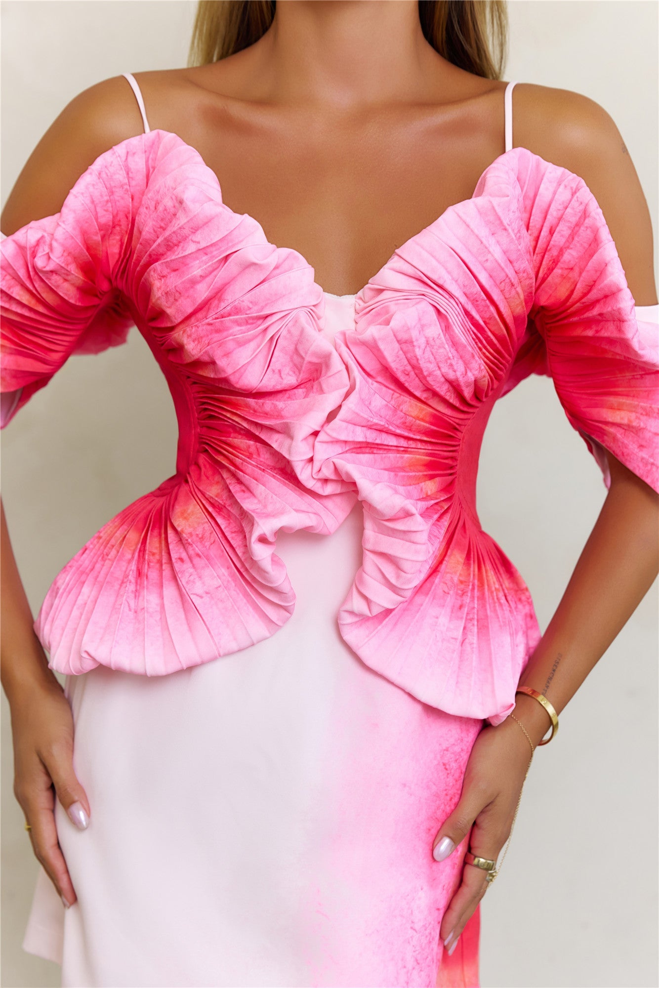Sculptural Art Pleated Off Shoulder Mini Dress Pink