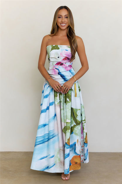 Radiant Garden Floral Strapless Drop Waist Maxi Dress Multi
