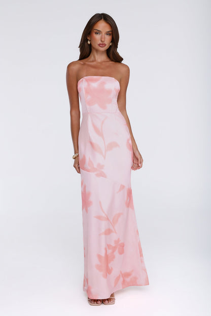 Warm Waves Strapless Satin Maxi Dress Peach Floral Print