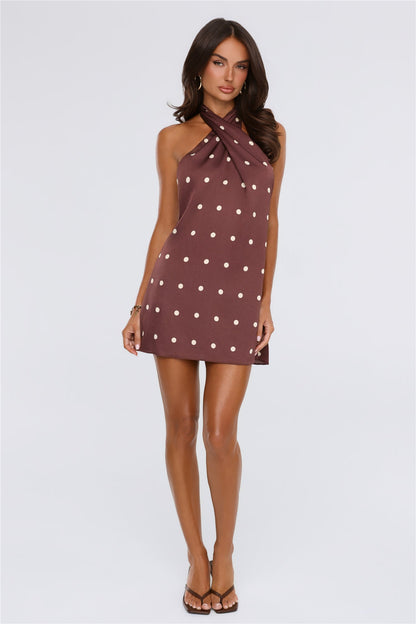 Daydream Club Polka Dot Satin Halter Mini Dress Brown