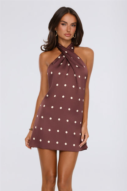 Daydream Club Polka Dot Satin Halter Mini Dress Brown