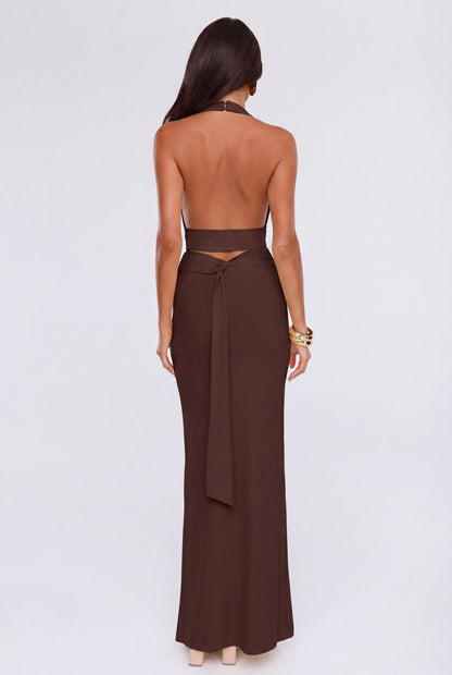 Whispered Star Energy Halter Maxi Dress Chocolate