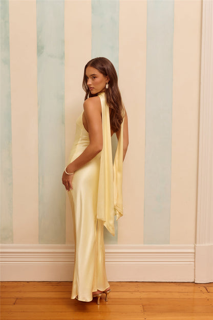 The Vivia Halter Satin Maxi Dress Yellow