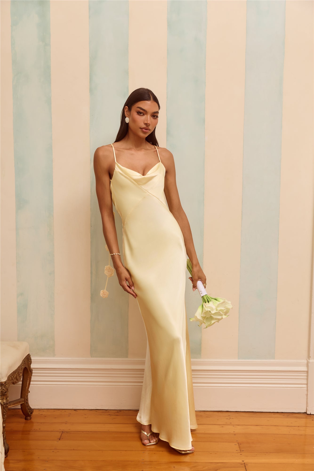 The Flora Satin Maxi Dress Yellow