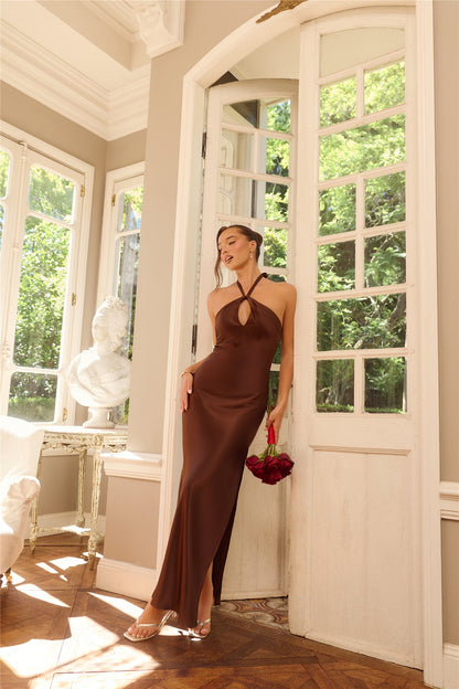 The Delilah Satin Halter Maxi Dress Chocolate Brown
