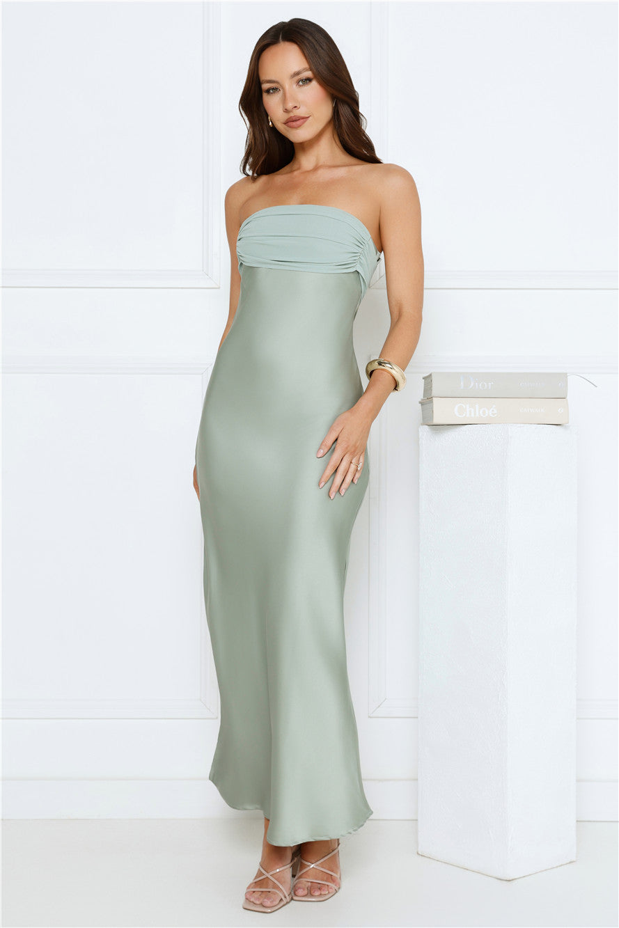 Every Love Song Satin Strapless Maxi Dress Sage