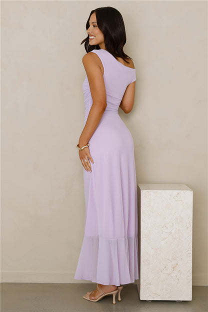Effortless Story Off Shoulder Mesh Midi Dress Lilac