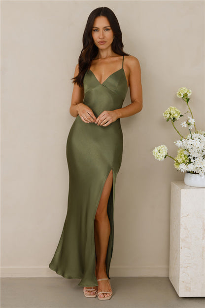 The Sophia Satin Maxi Dress Olive
