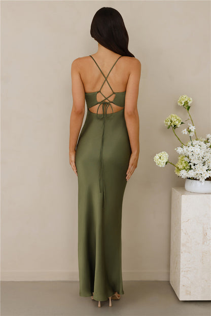 The Sophia Satin Maxi Dress Olive